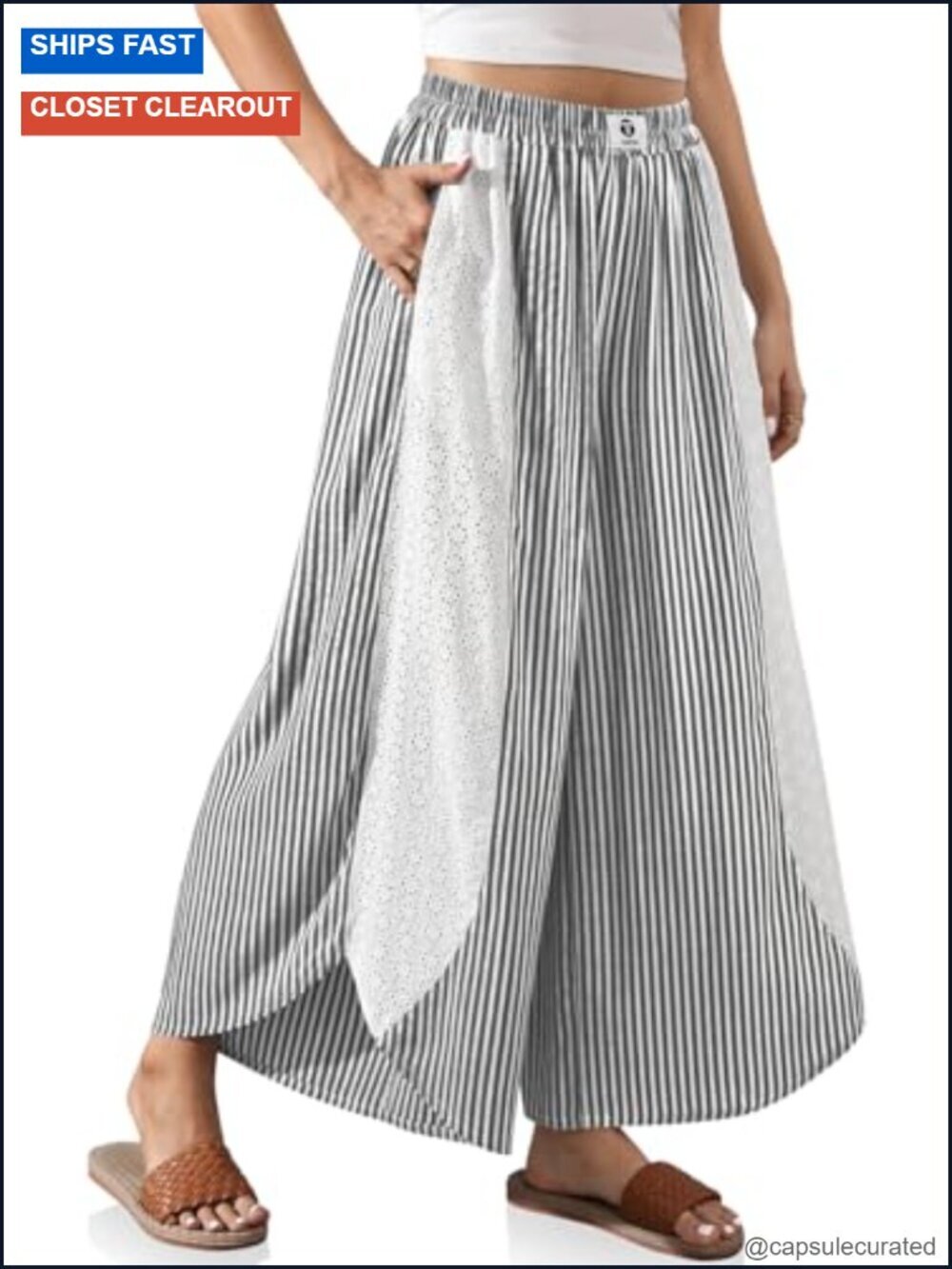 Wide Leg Striped Boho Palazzo Pants with Lace Panel Elastic Waist Linen Blend
